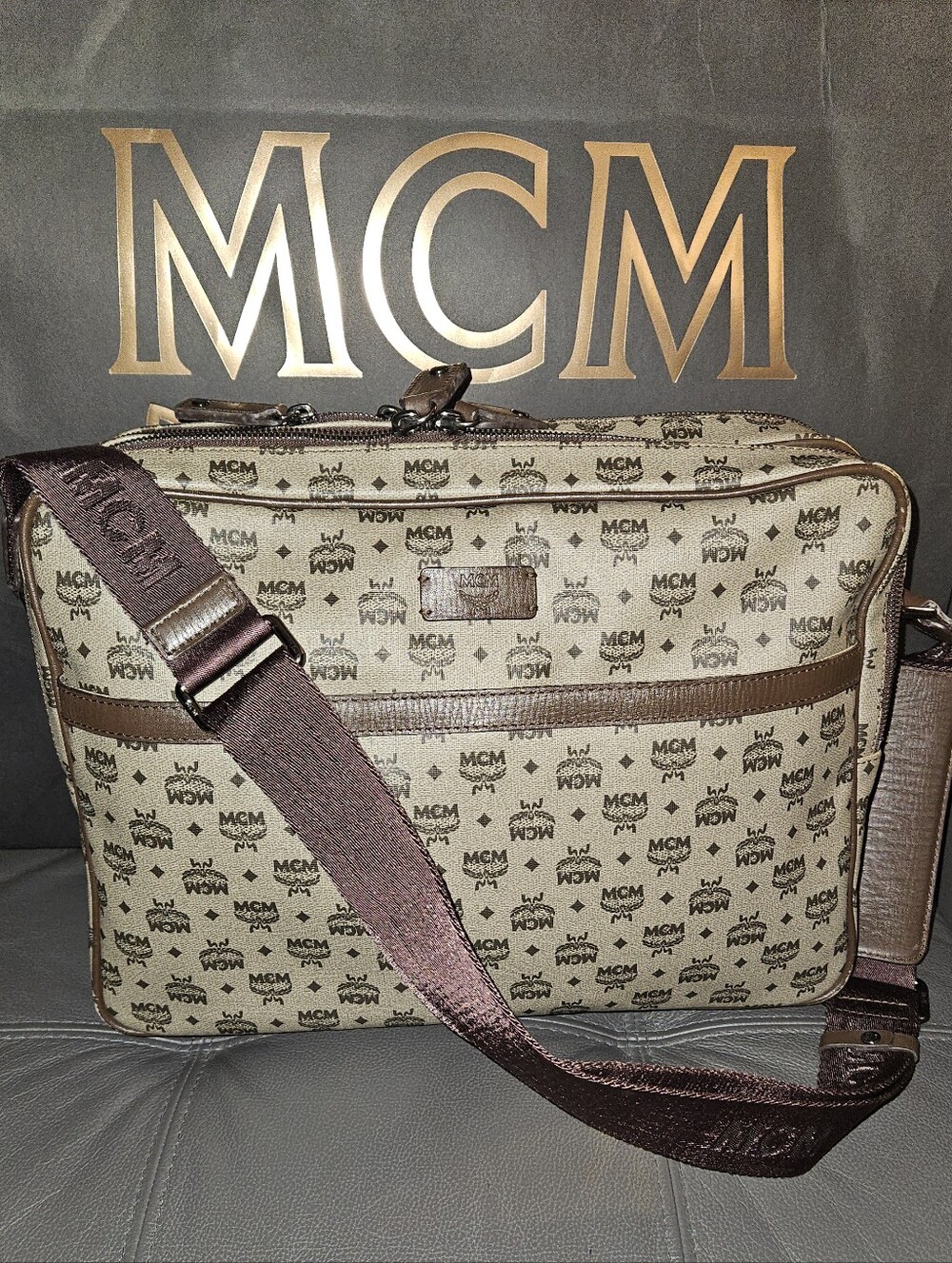 MCM Coated Canvas Messenger with Brown Trim
